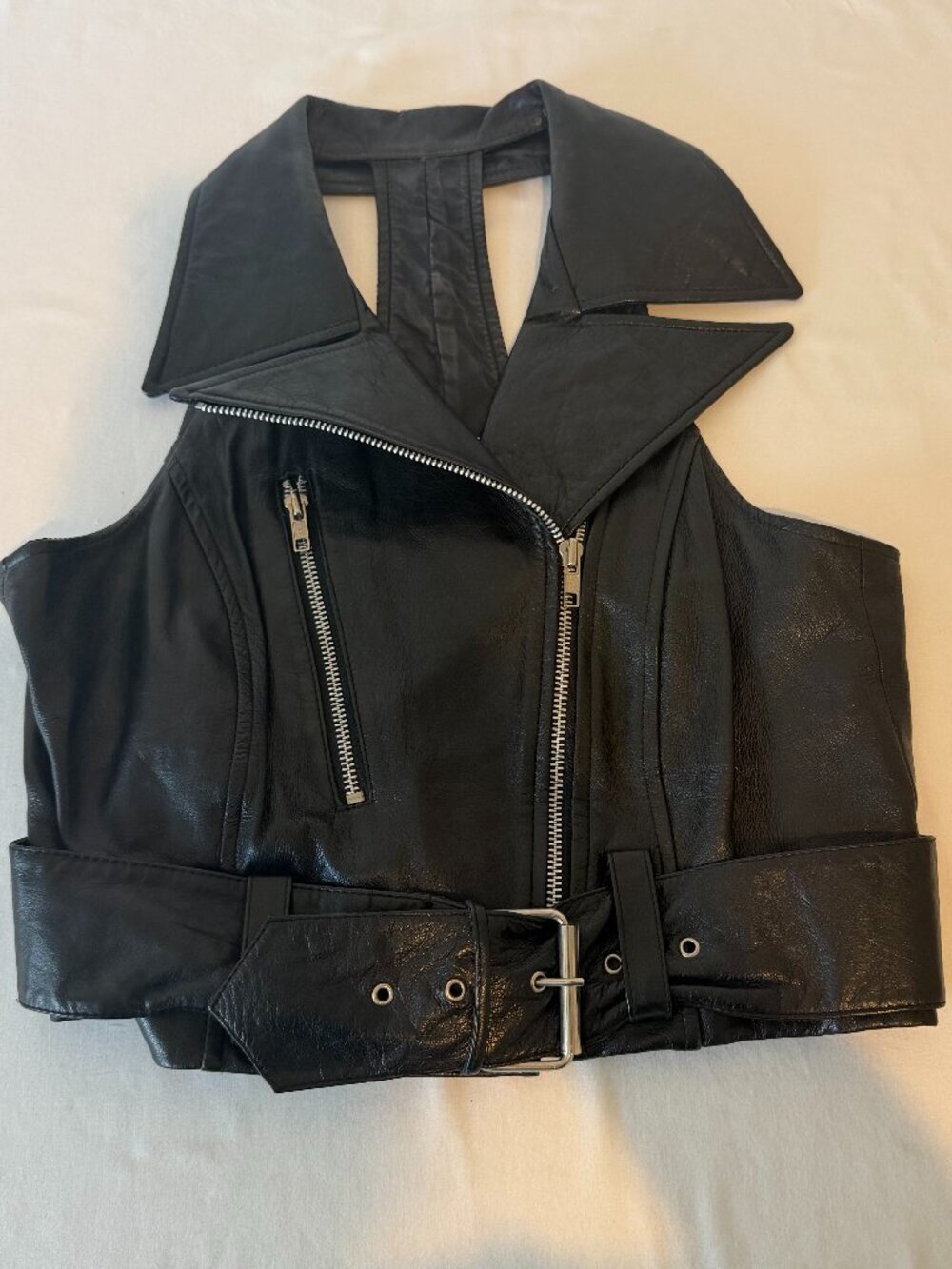 Vintage Contempo Casuals Lamb Leather Moto Vest M Black Belted Biker Y2K 90s
